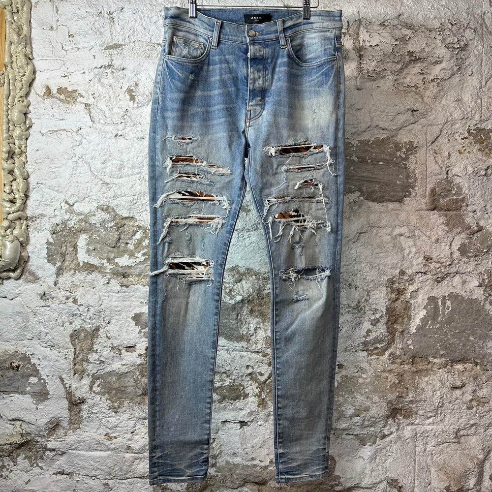 Amiri Tiger Thrasher Blue Denim Jeans Sz 34