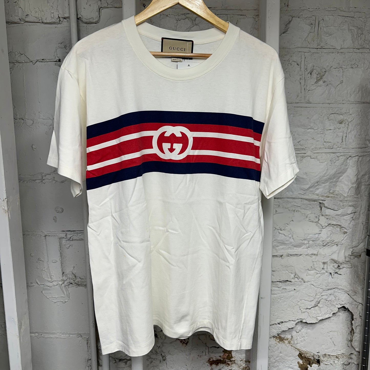 Gucci Interlocking G Stripe Cream T-Shirt Sz XS