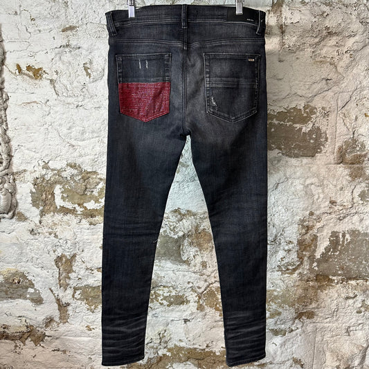 Amiri MX1 Red Glitter Grey Denim Jeans Sz 32