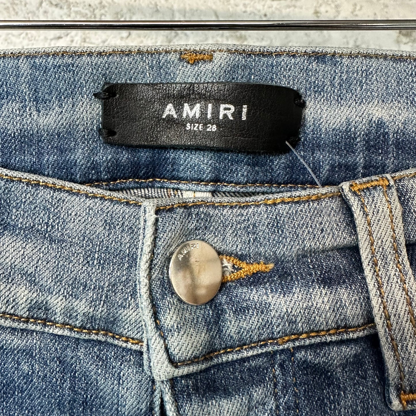 Amiri Varsity Patch Distressed Blue Denim Jeans Sz 28
