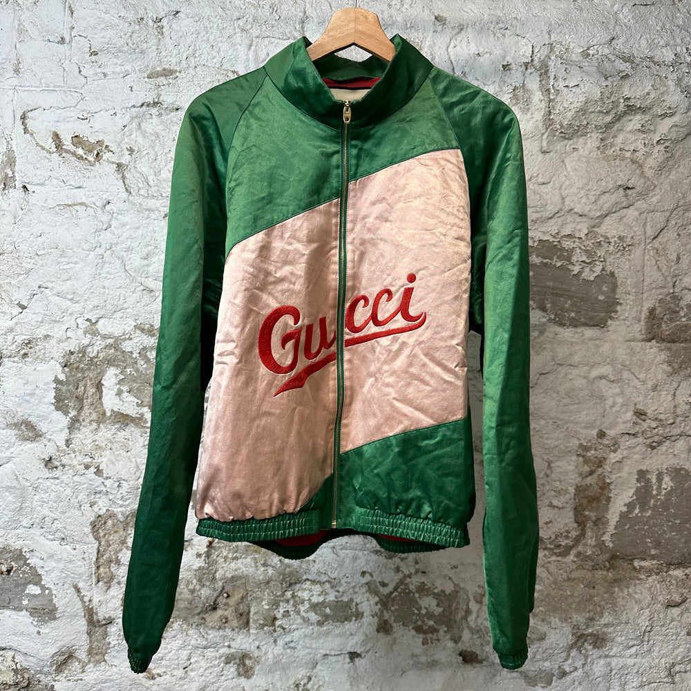 Gucci Biege Green Colorblock Satin Zip Up Jacket Sz XL (M)