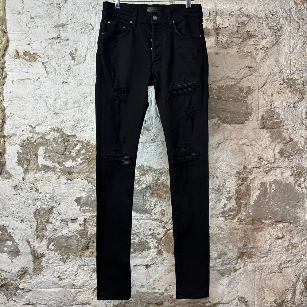 Amiri MX1 Black Leather Black Denim Jeans Sz 30