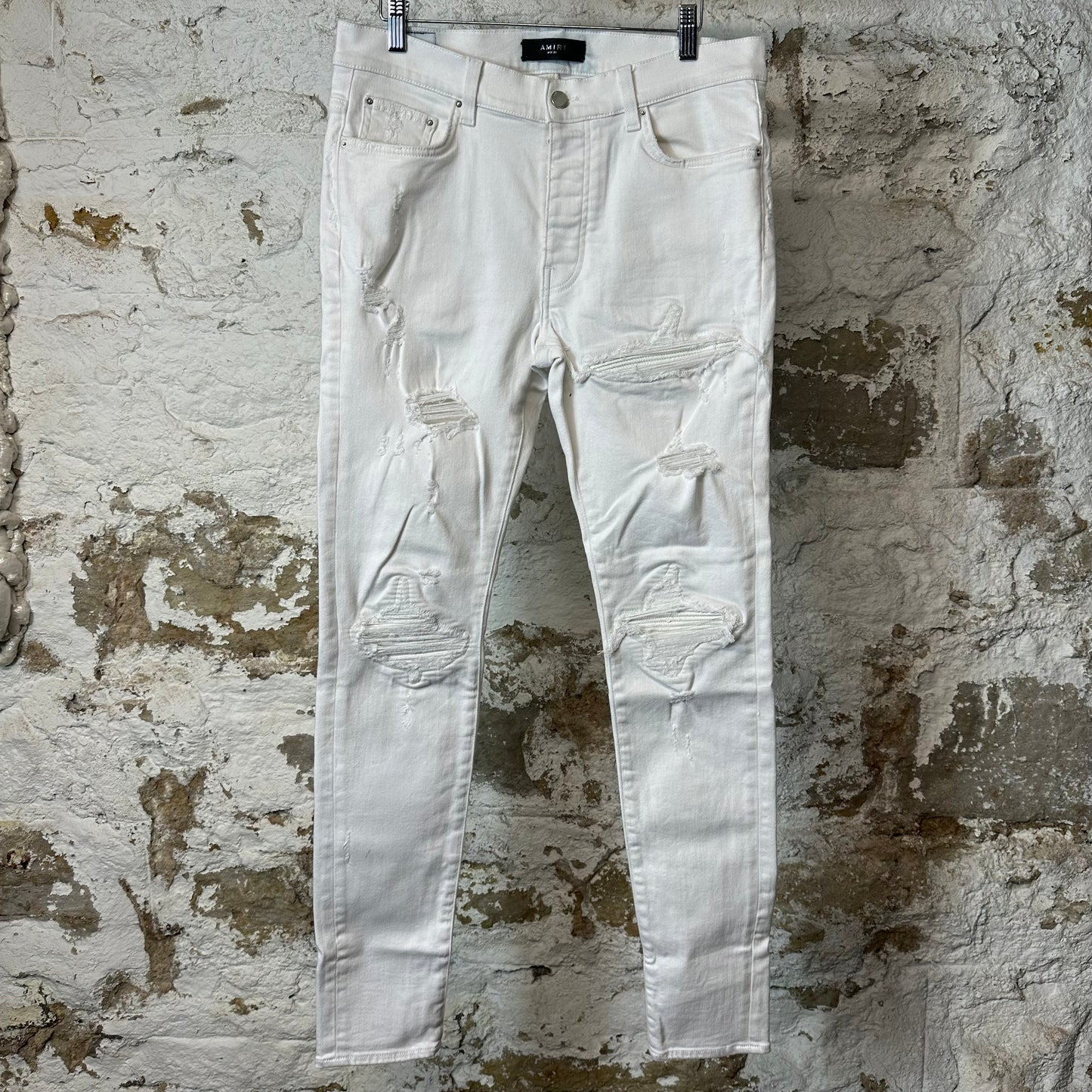Amiri MX1 White Leather White Denim Jeans Sz 34