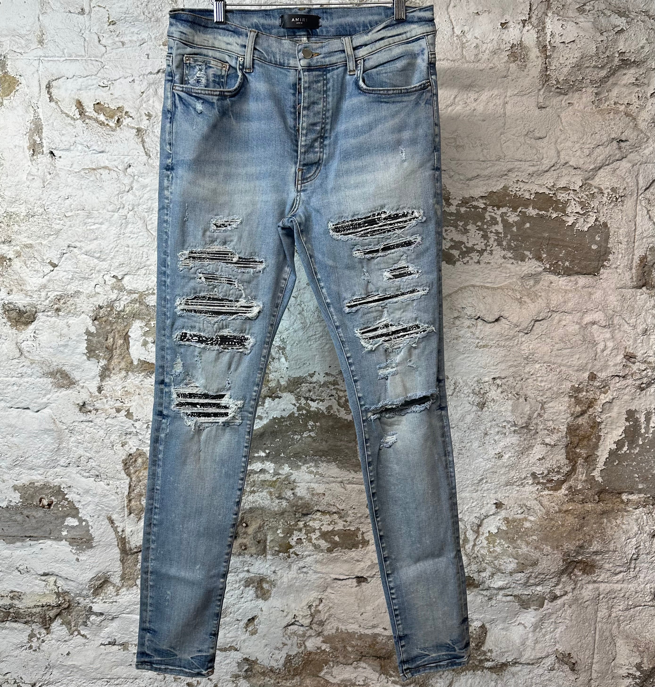 Amiri MX1 Black Paisley Thrasher Blue Denim Jeans Sz 34