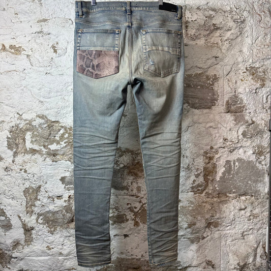 Amiri MX1 Brown Snakeskin Blue Denim Jeans Sz 34