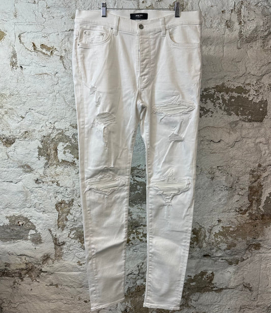Amiri MX1 White Leather White Denim Jeans Sz 36