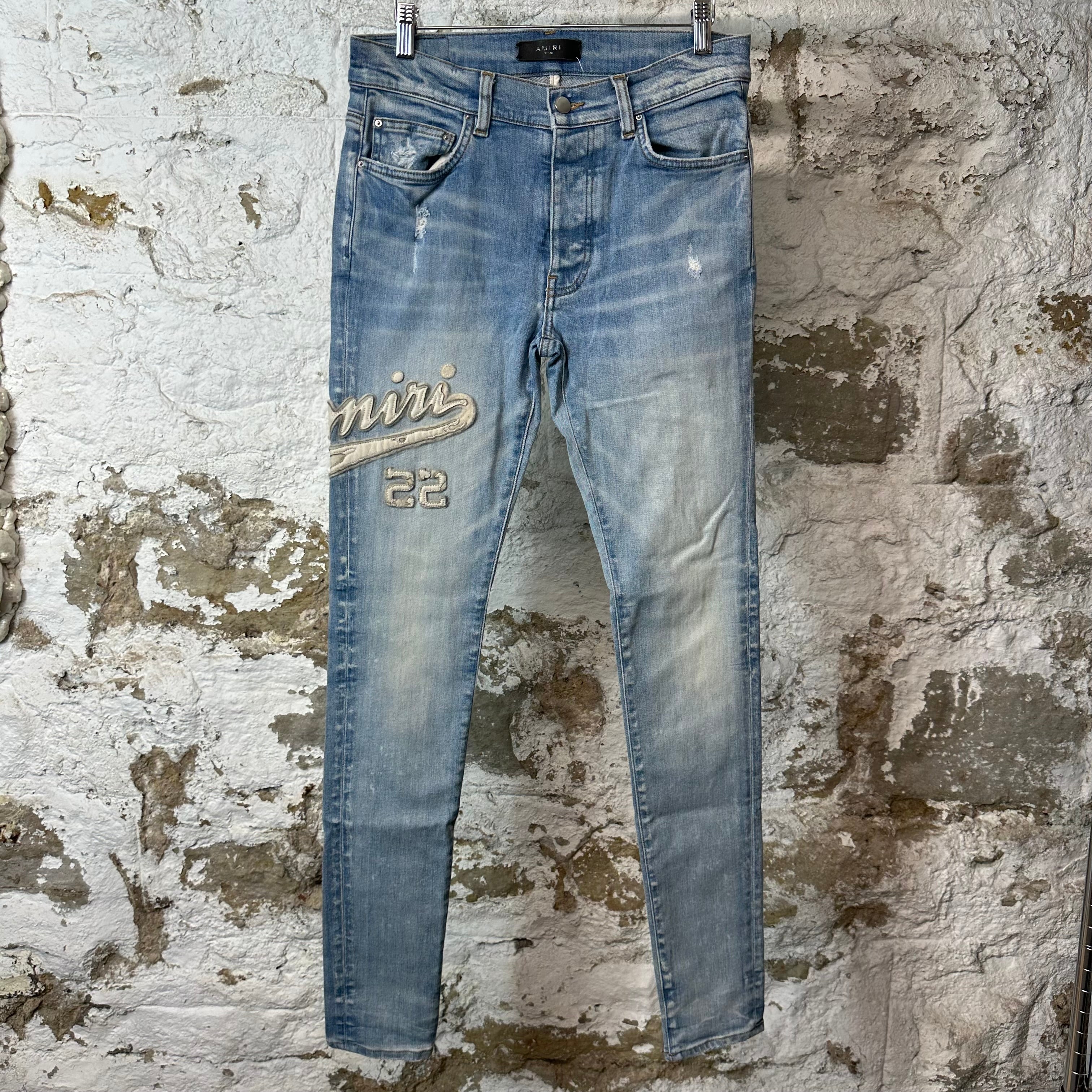 Amiri Varsity 22 Patch Blue Denim Jeans Sz 30