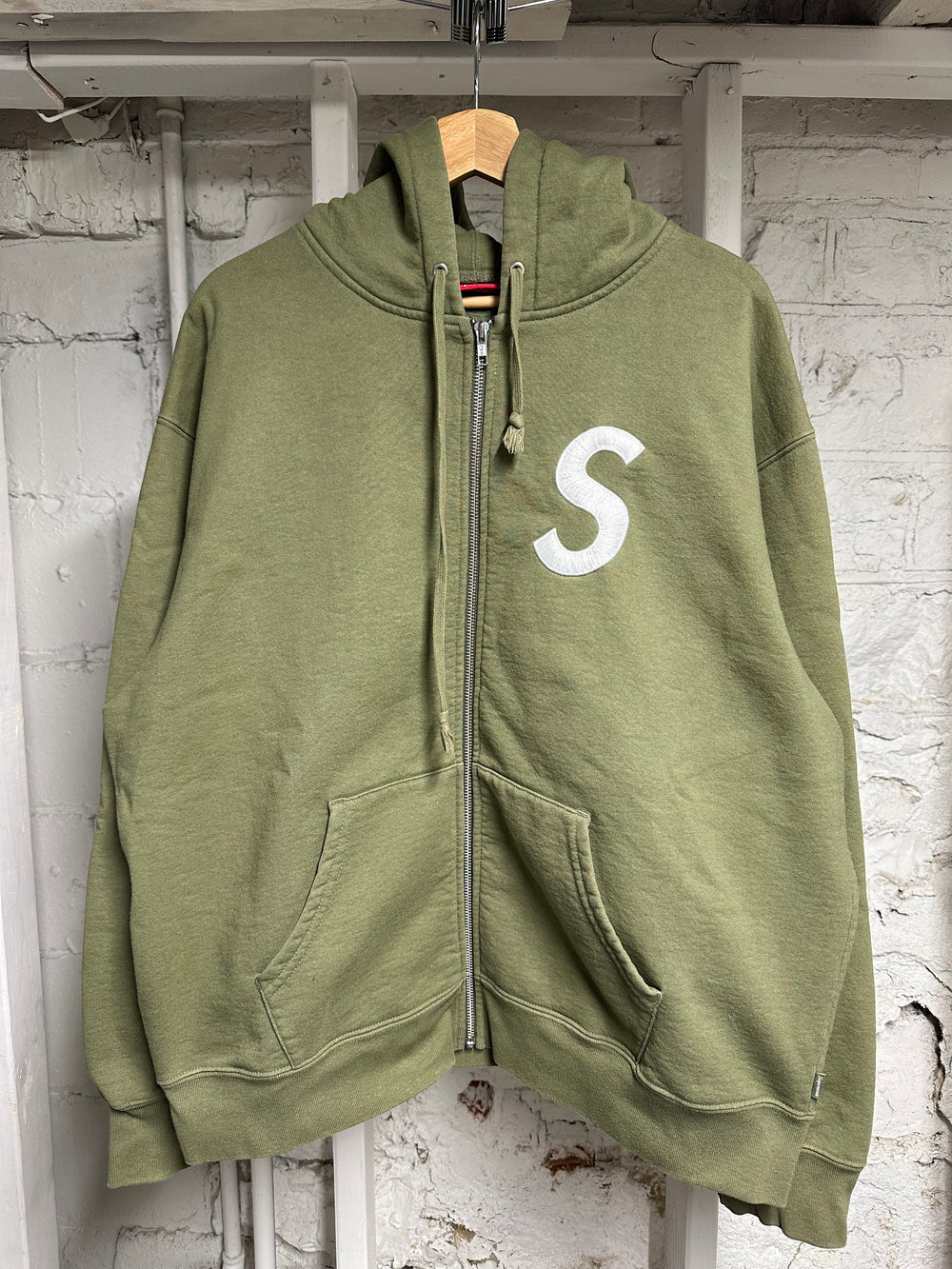 Supreme S Logo Olive Zip Up Hoodie Sz L