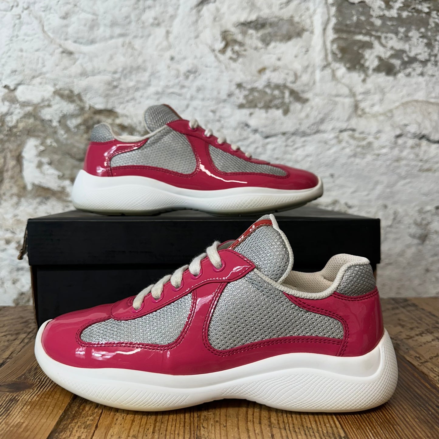 Prada Americas Cup Pink Patent Grey White Sneaker Sz 4.5 (36)