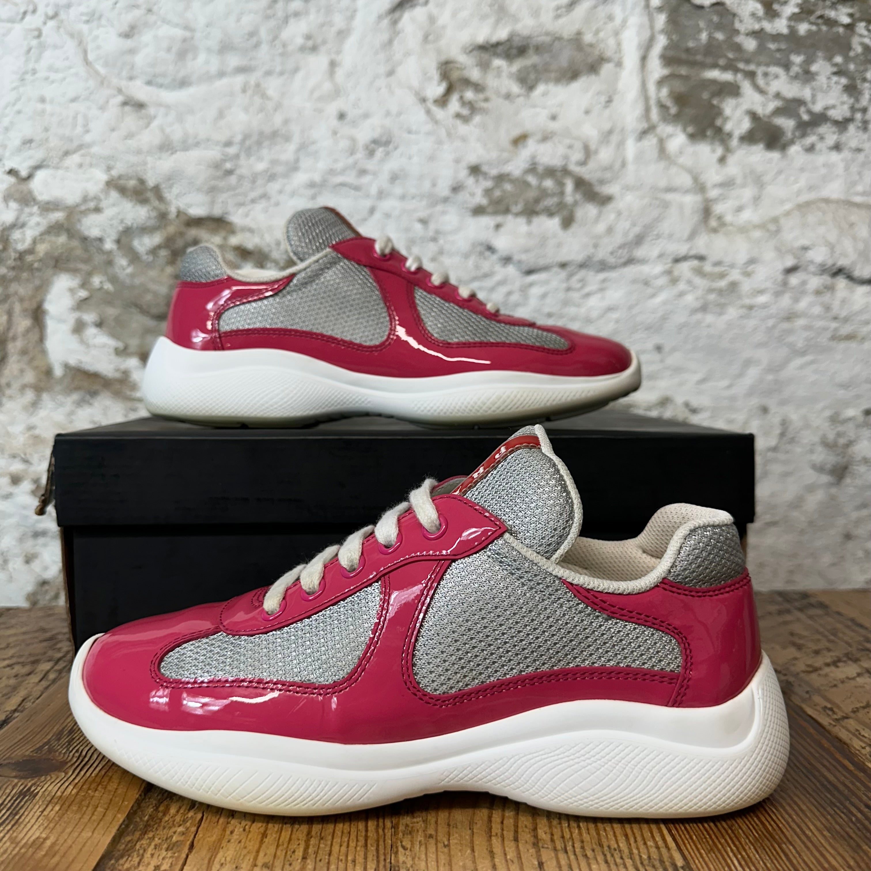 Prada Americas Cup Pink Patent Grey White Sneaker Sz 4.5 (36)