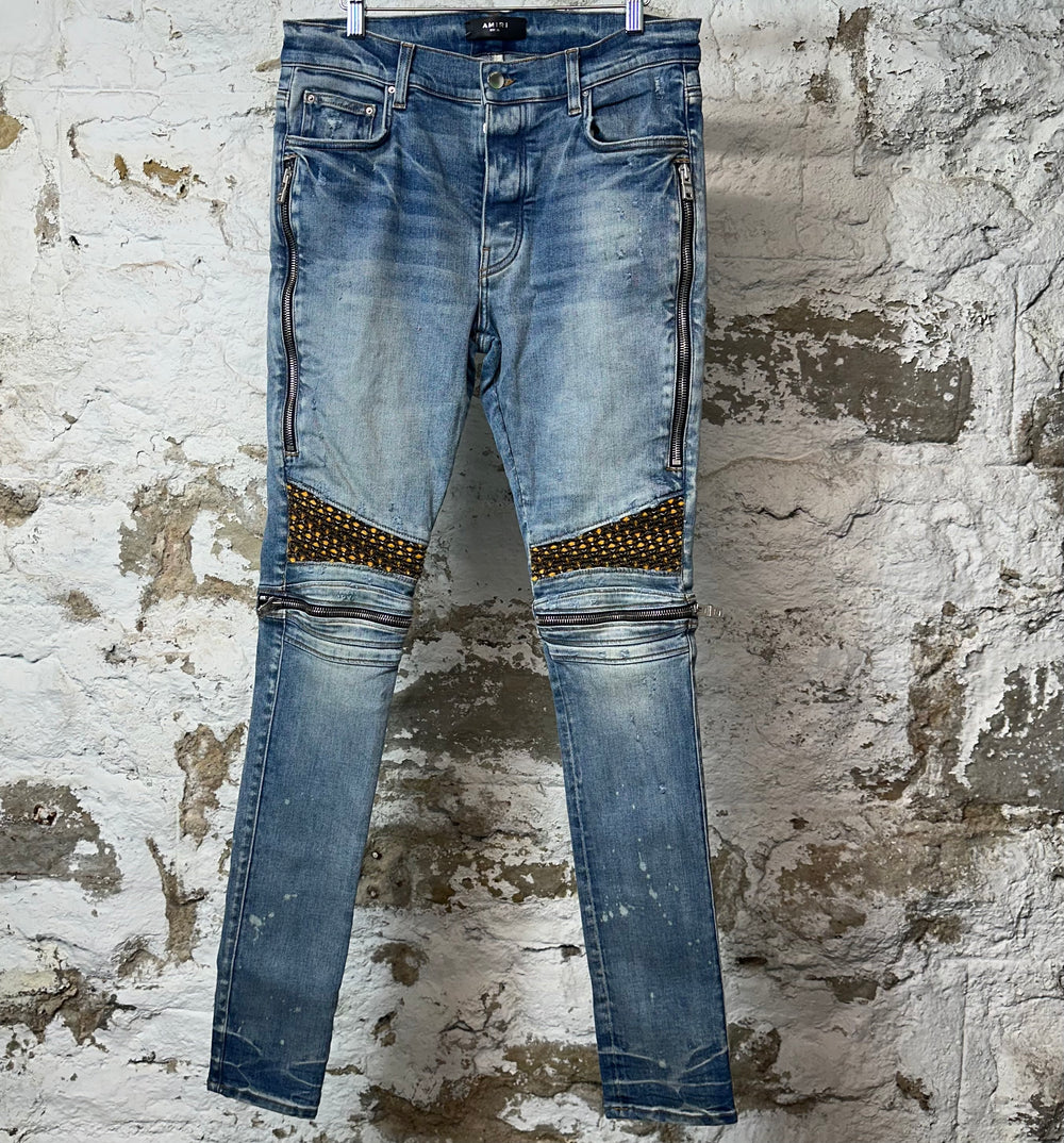Amrii MX2 Yellow Brown Patch Blue Denim Jeans Sz 33