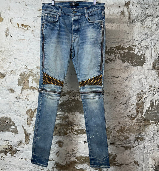 Amrii MX2 Yellow Brown Patch Blue Denim Jeans Sz 33