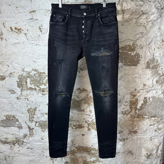 Amiri MX1 Camo Patch Black Denim Jeans Sz 34