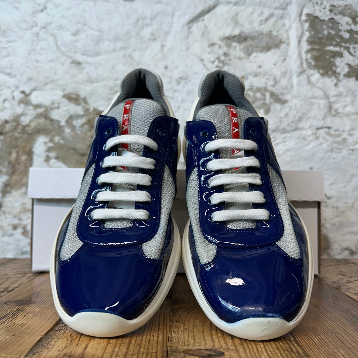 Prada Americas Cup Dark Blue Patent Grey White Sneaker Sz 7
