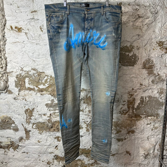 Amiri Airbrushed Logo Blue Denim Jeans Sz 38