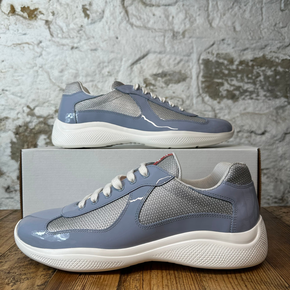 Prada Americas Cup Celeste Patent Grey White Sneaker Sz 9