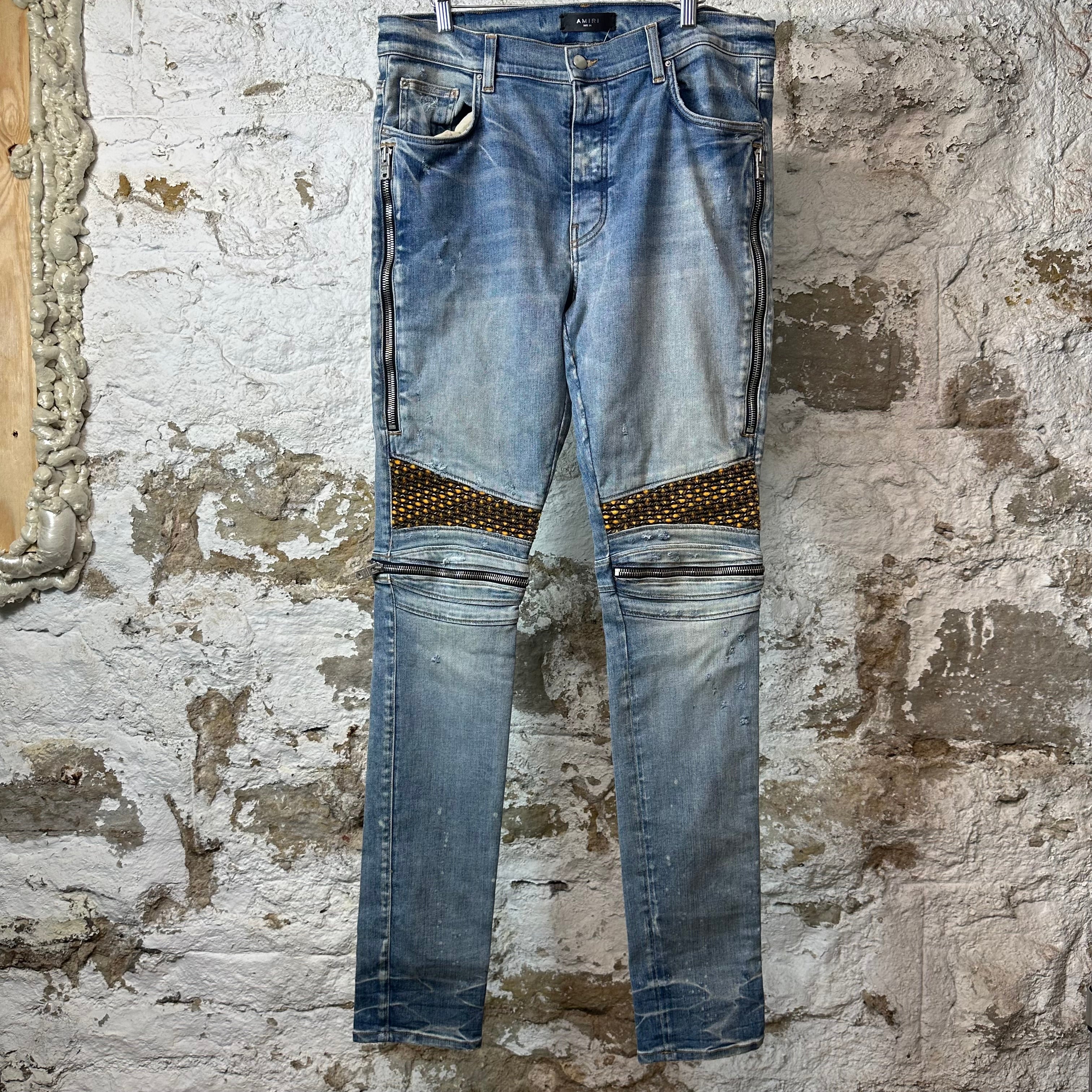Amiri MX2 Yellow Brown Patch Blue Denim Jeans Sz 36