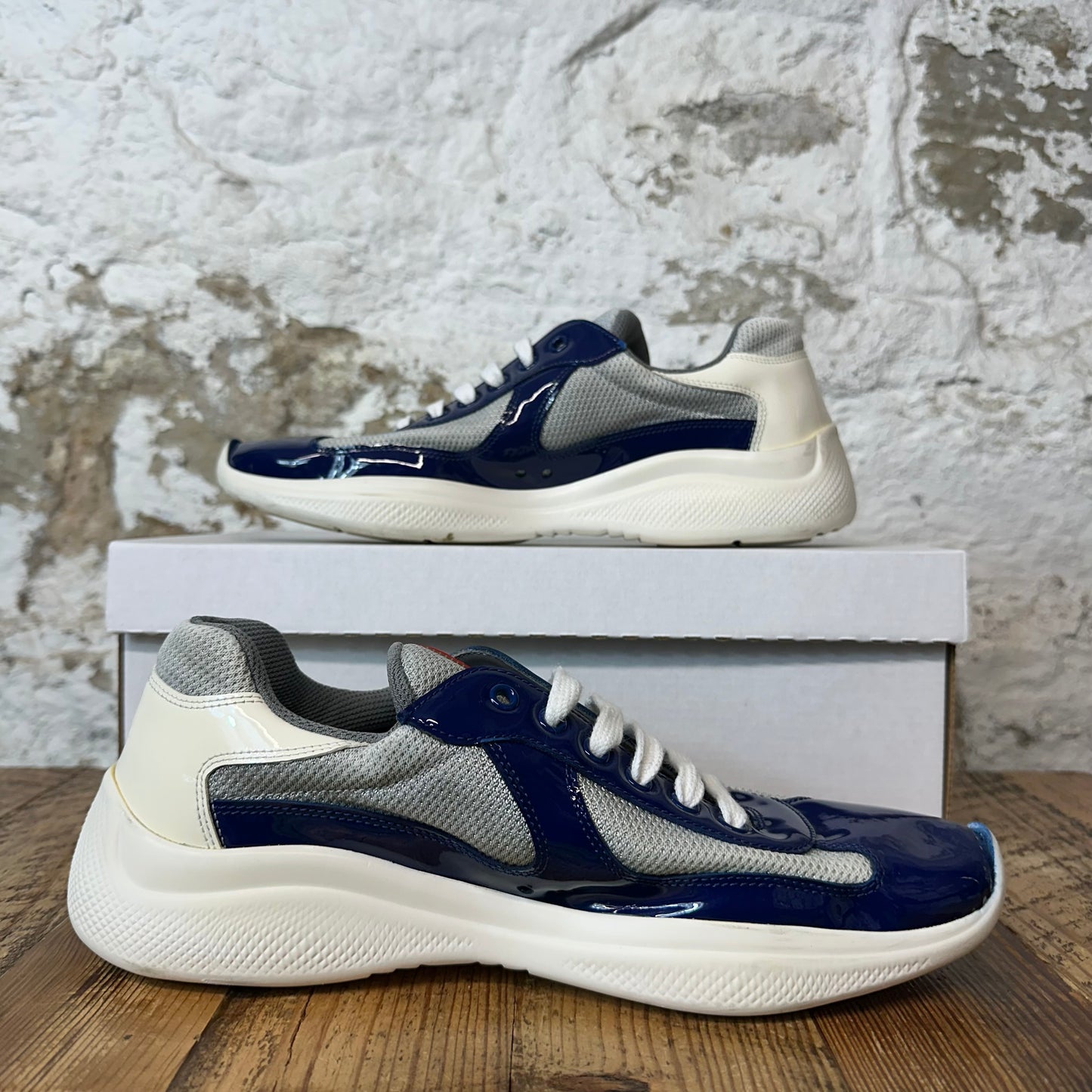 Prada Americas Cup Dark Blue Patent Grey White Sneaker Sz 7