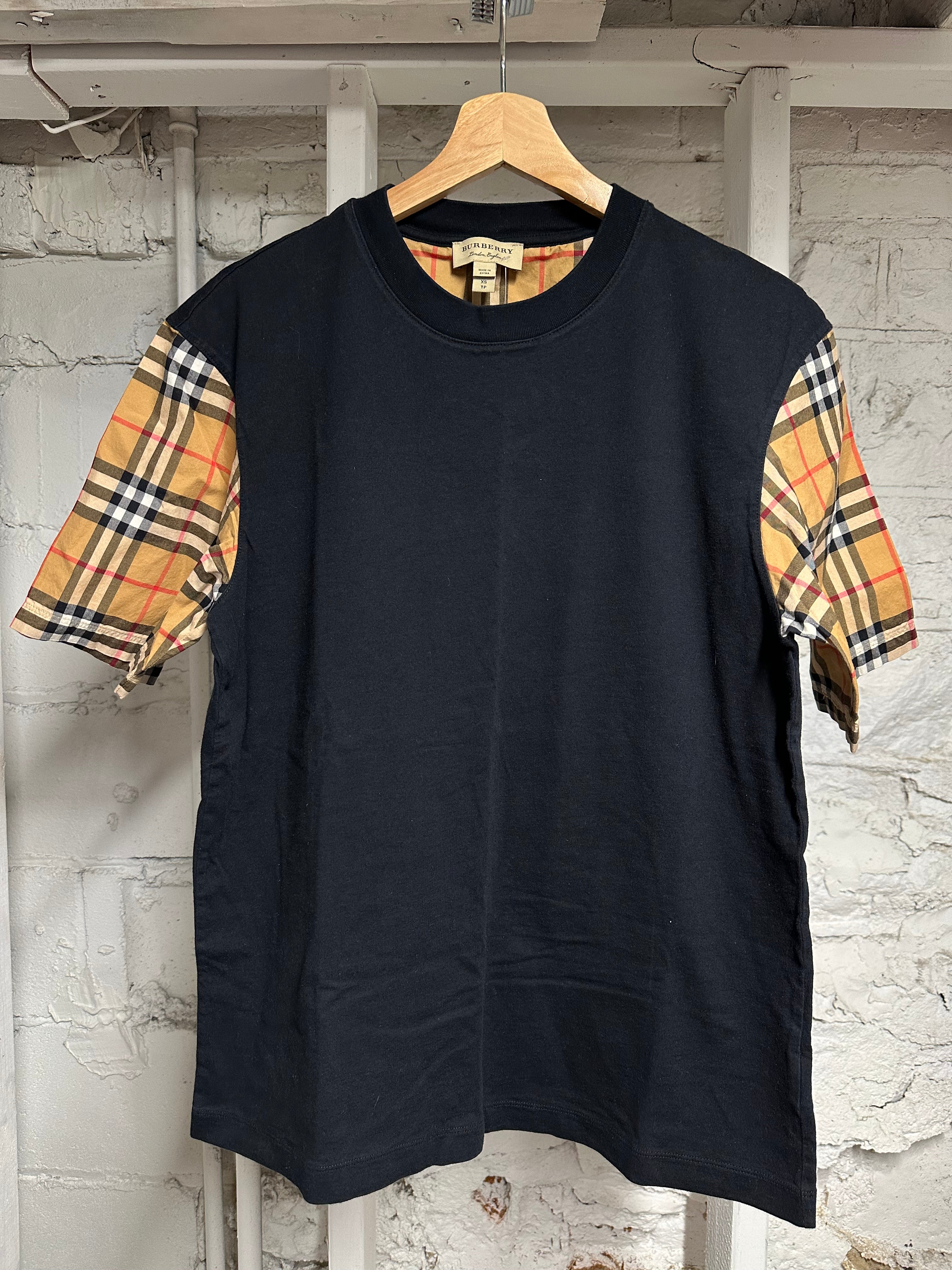 Burberry Black Plaid Sleeve T-shirt Sz XS