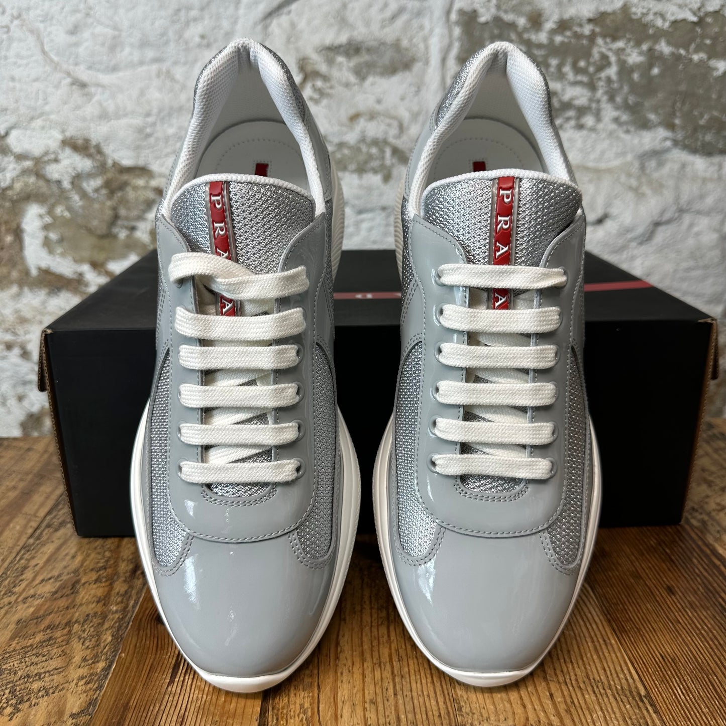 Prada Americas Cup Grey Patent White Sneaker Sz 9 DS
