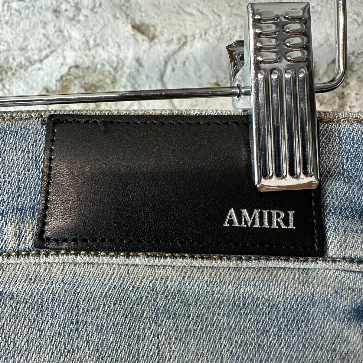 Amiri Black Leather Stagger Blue Denim Jeans Sz 29