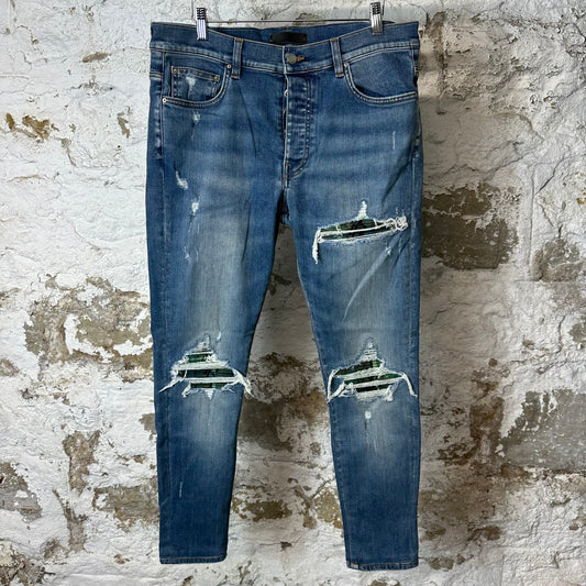Amiri MX1 Green Camo Flannel Blue Denim Jeans Sz 34 (Tailored Short)