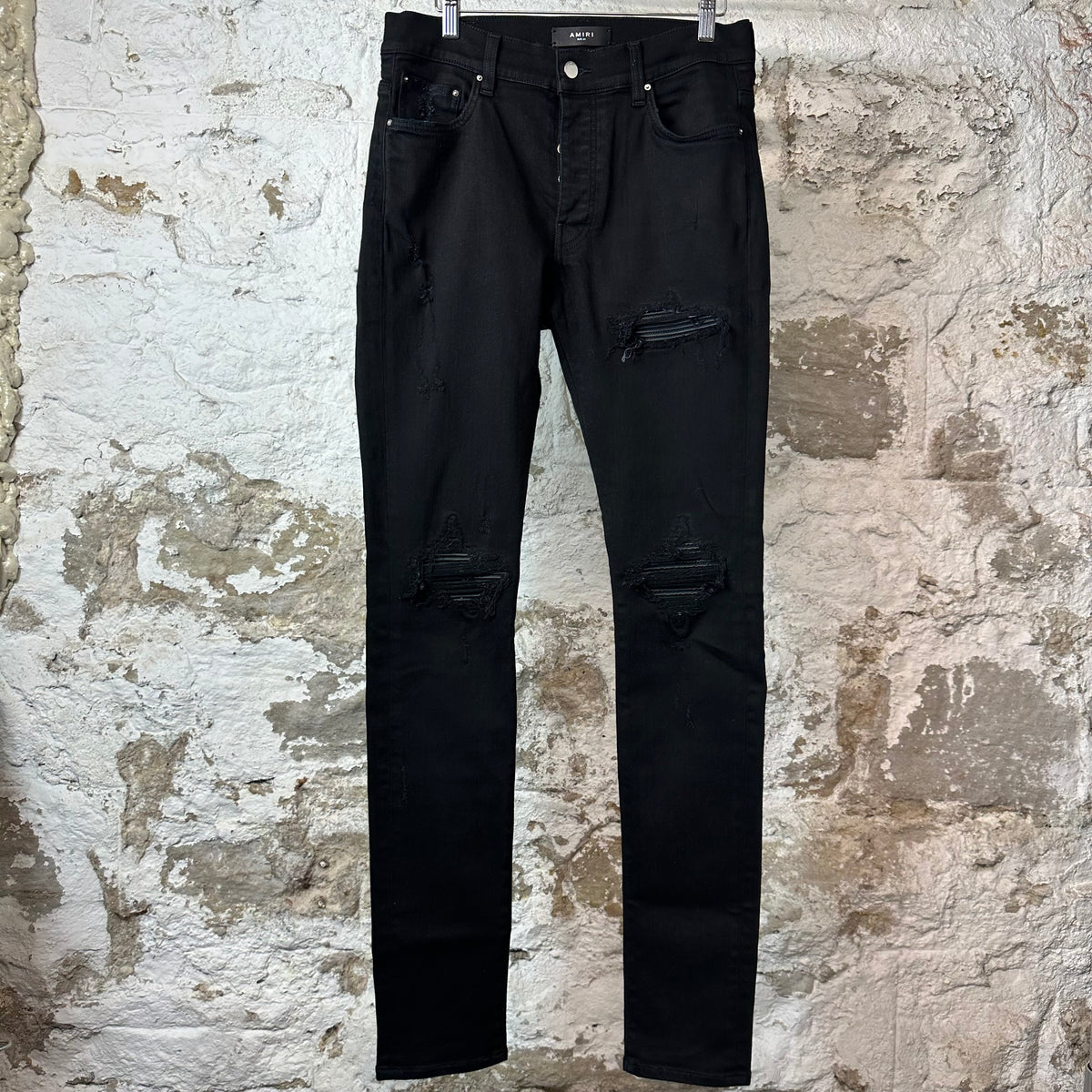 Amiri MX1 Black Leather Black Denim Jeans Sz 31