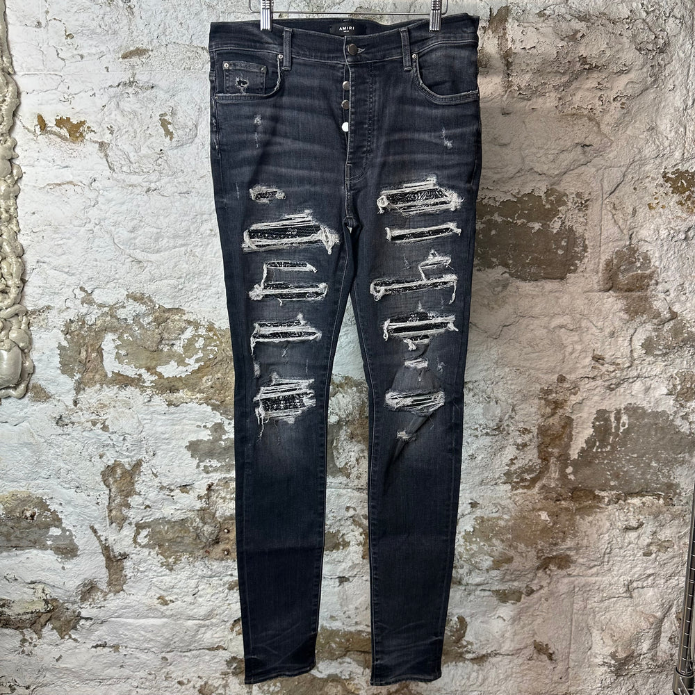 Amiri MX1 Black Paisley Thrasher Grey Denim Jeans Sz 34