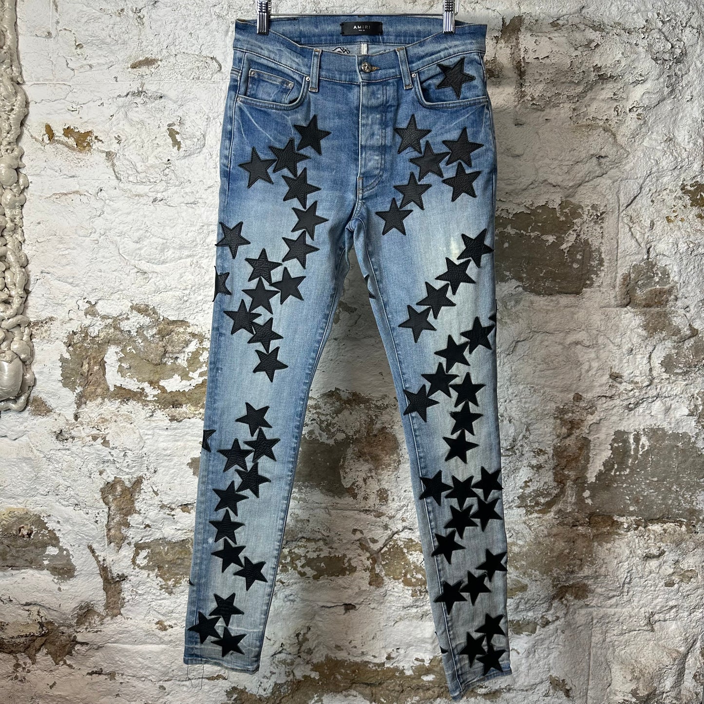 Amiri Black Leather Star Chemist Blue Denim Jeans Sz 31