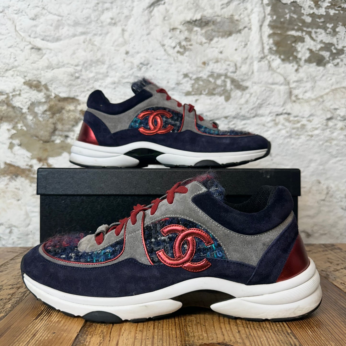 Chanel Red CC Tricolor Tweed Sneaker Sz 8.5 (41.5)