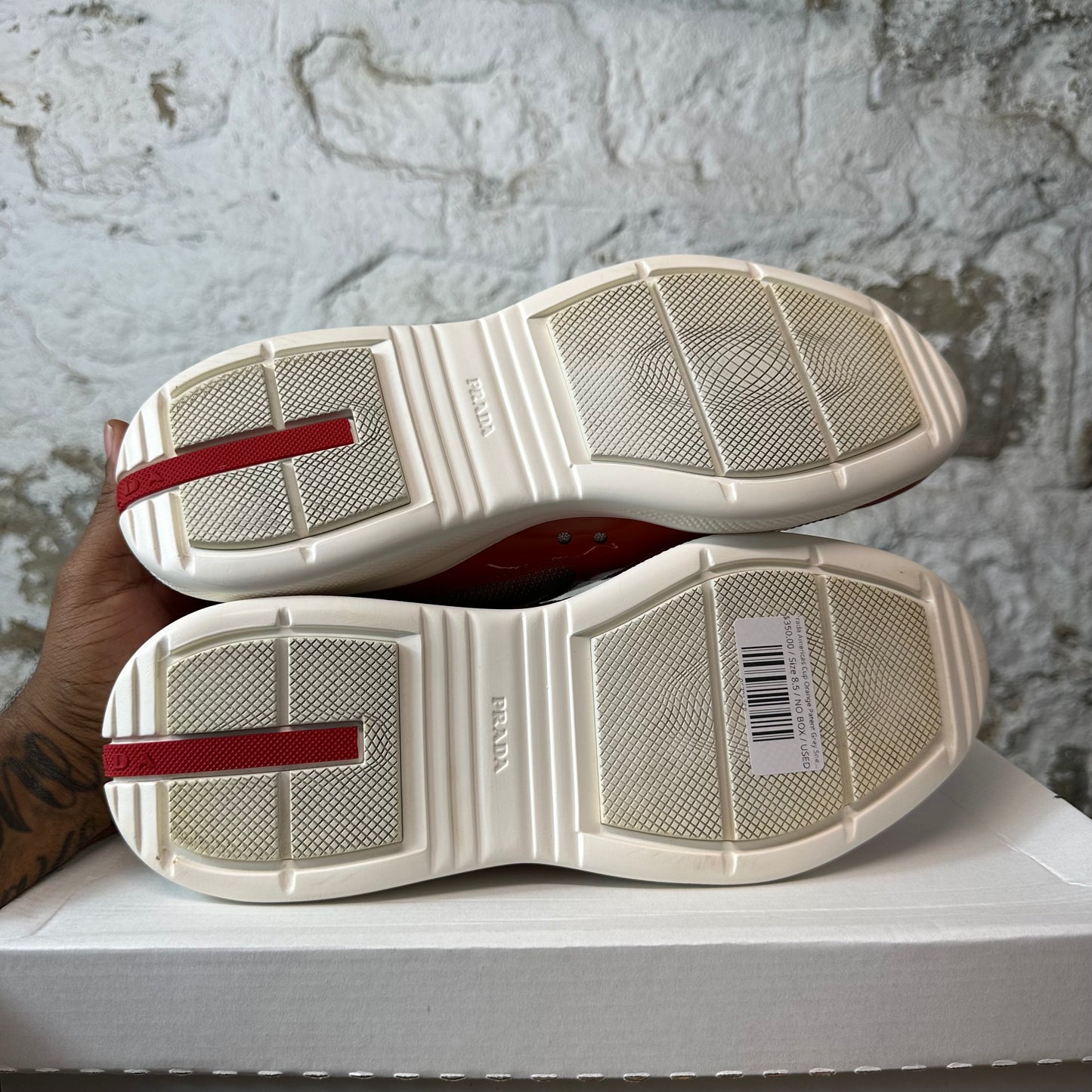 Prada Americas Cup Orange Patent Grey Sneaker Sz 8.5