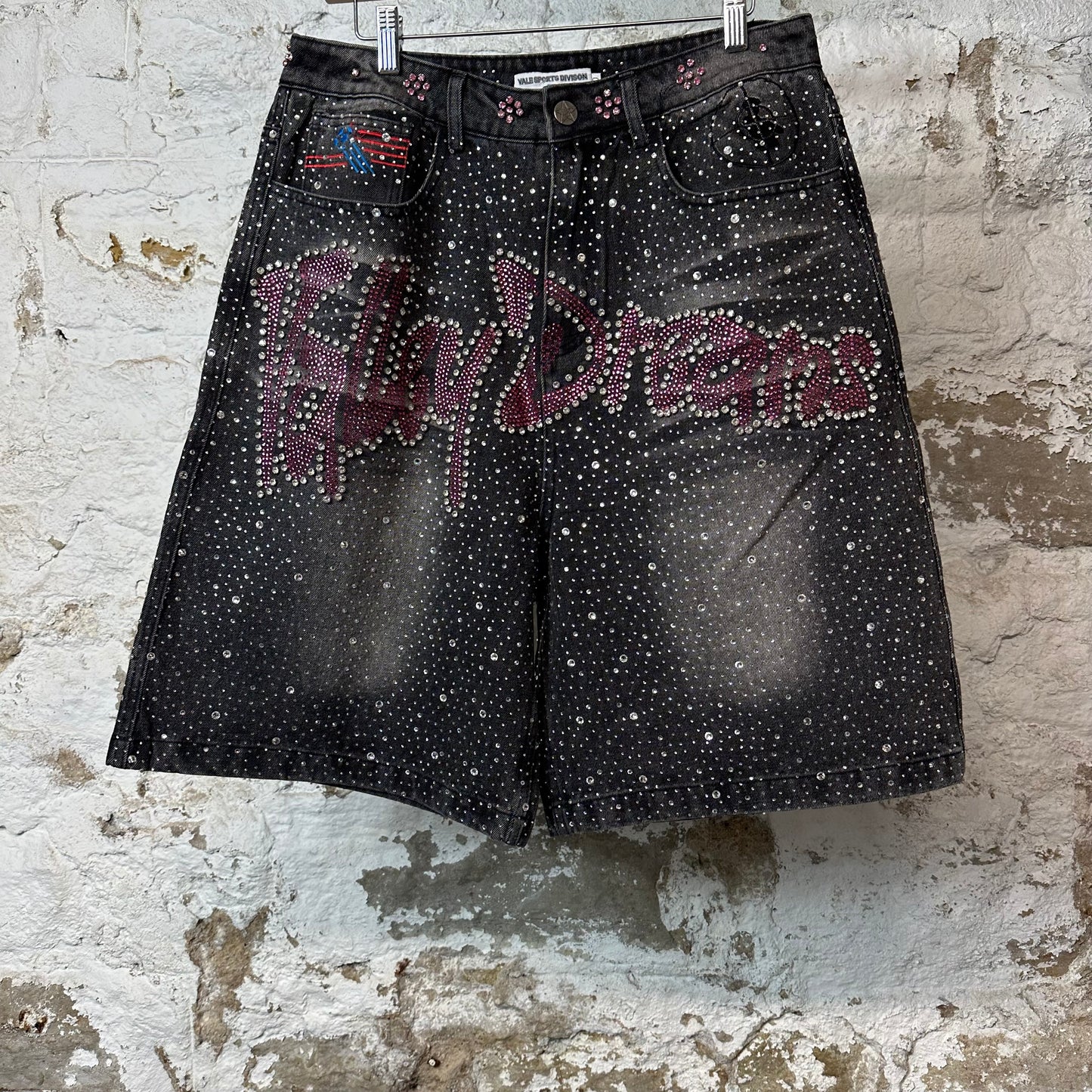 Vale Pink Iced Out Jean Shorts Black Sz 30