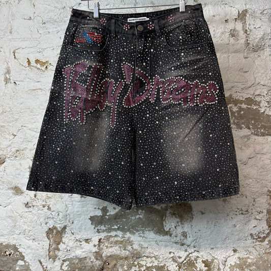 Vale Pink Iced Out Jean Shorts Black Sz 30