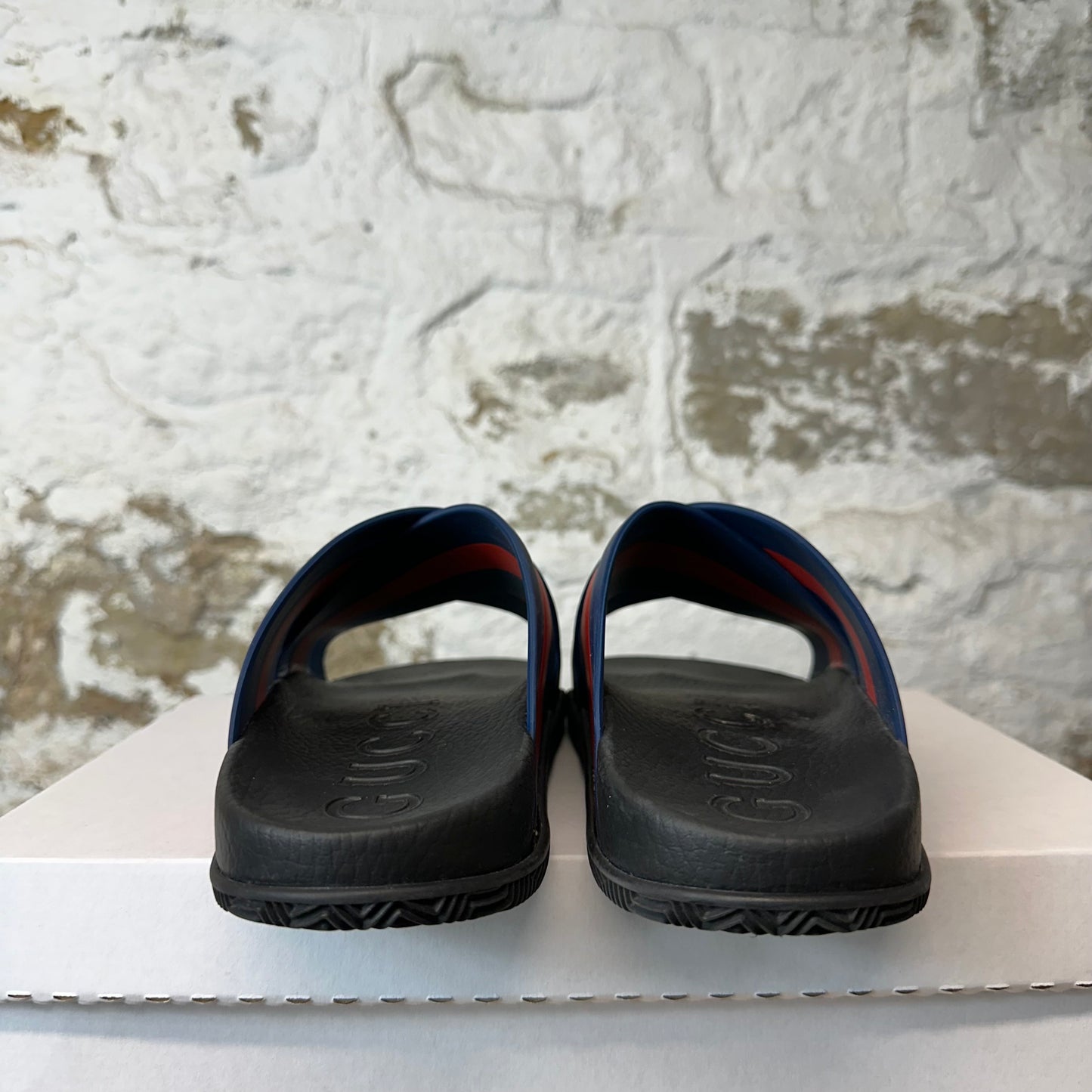Gucci Blue Red Strap Black Rubber Slide Sz 9