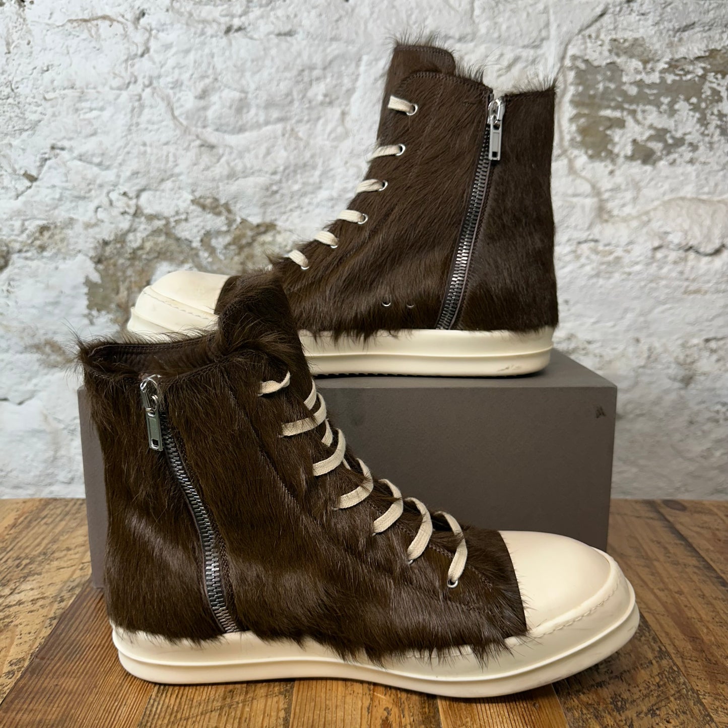 Rick Owens High Brown Pony Hair Milk Sneaker Sz 14 (47)