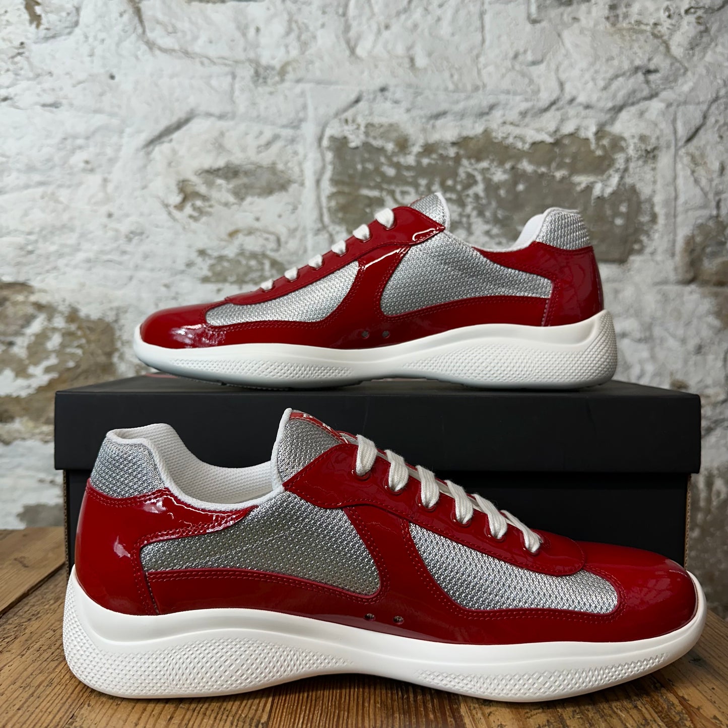 Prada Americas Cup Red Patent Grey White Sneaker Sz 11 DS