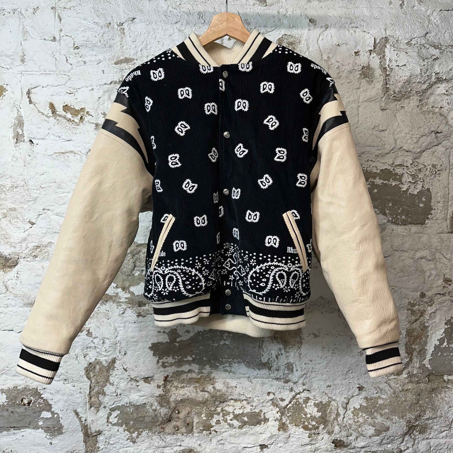 Rhude Black Paisley Beige Leather Varsity Jacket Sz M