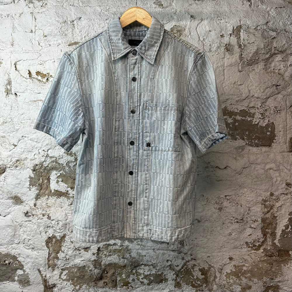 Amiri AOP Spellout Blue Denim Button Up Shirt Sz S