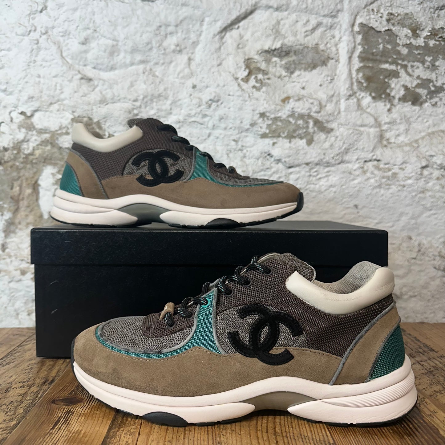 Chanel Black CC Brown Green Trainer Sneaker Sz 12 (45)