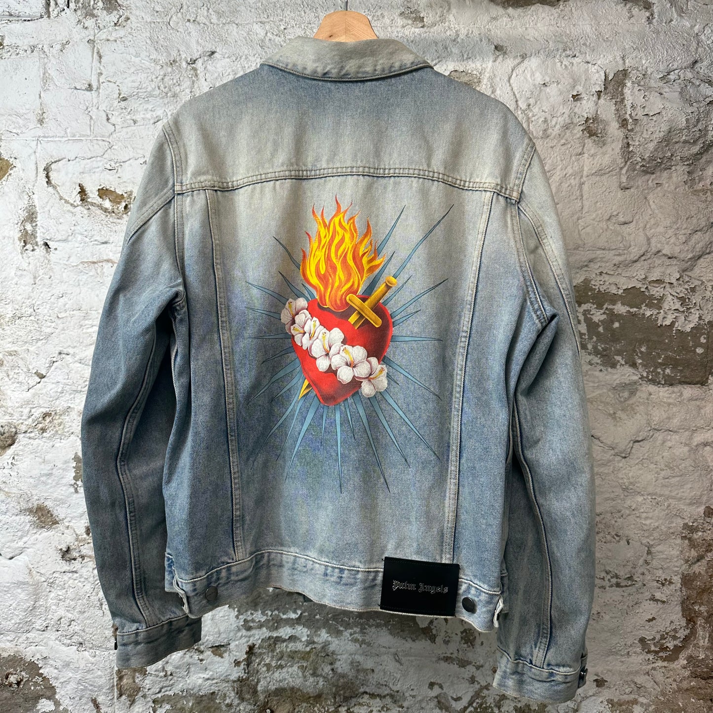Palm Angels Sacred Heart Denim Jacket Sz XL