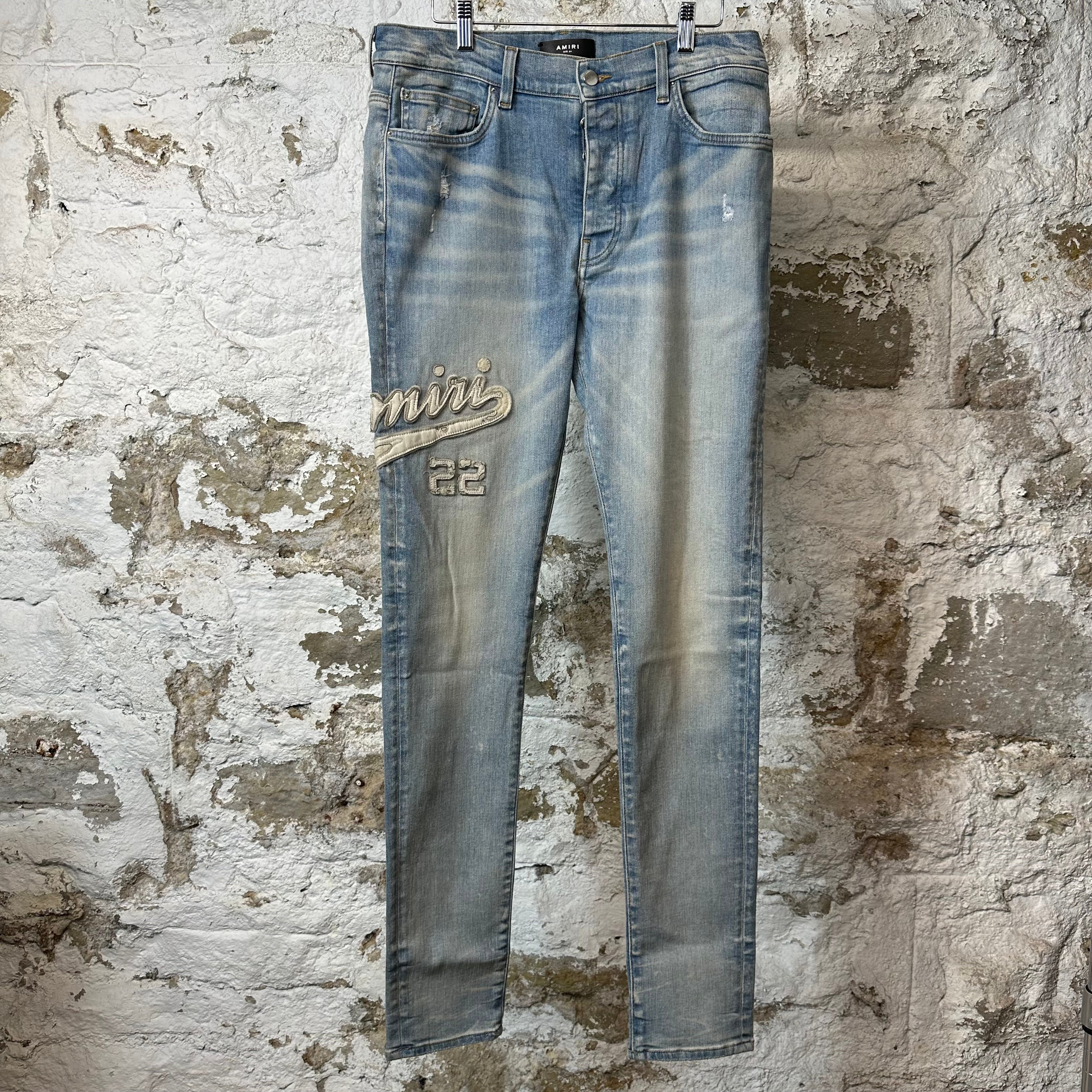 Amiri Varsity 22 Patch Blue Denim Jeans Sz 34