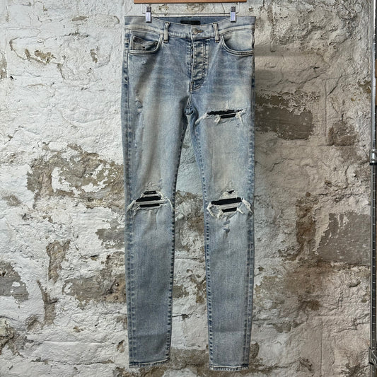 Amiri MX1 Black Leather Washed Blue Denim Jeans Sz 32