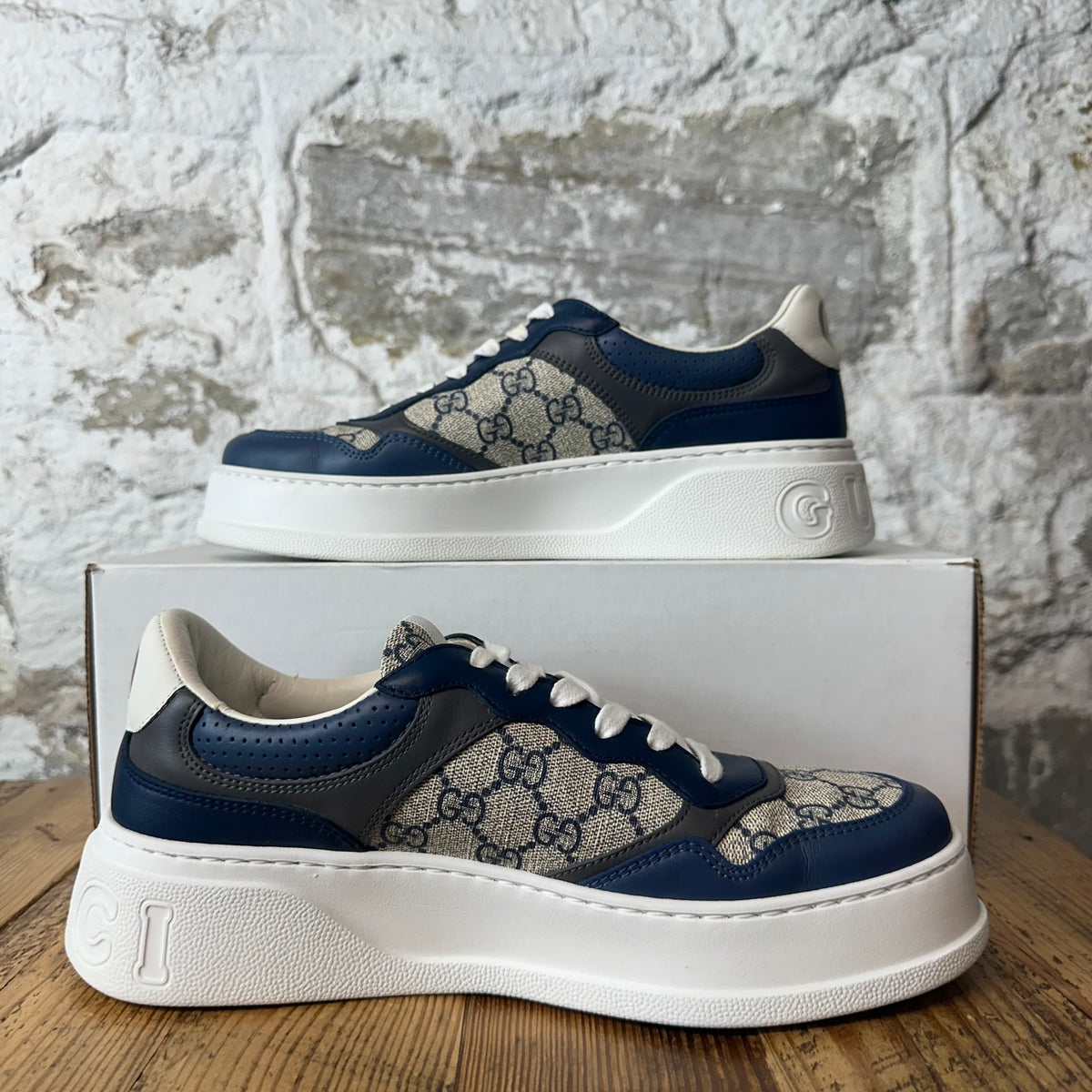 Gucci Re-Web Navy GG Monogram White Sneaker Sz 7.5
