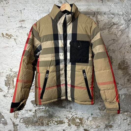 Burberry Tan Plaid Black Reversible Puffer Jacket Sz S (Stains)