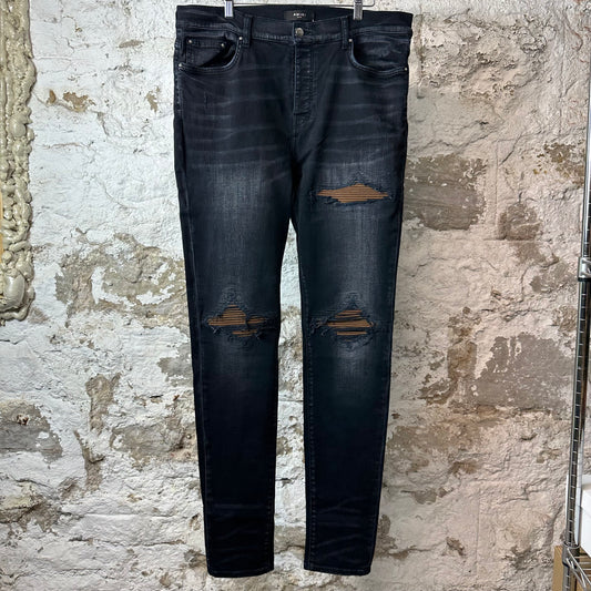 Amiri MX1 Brown Suede Faded Black Denim Jeans Sz 38