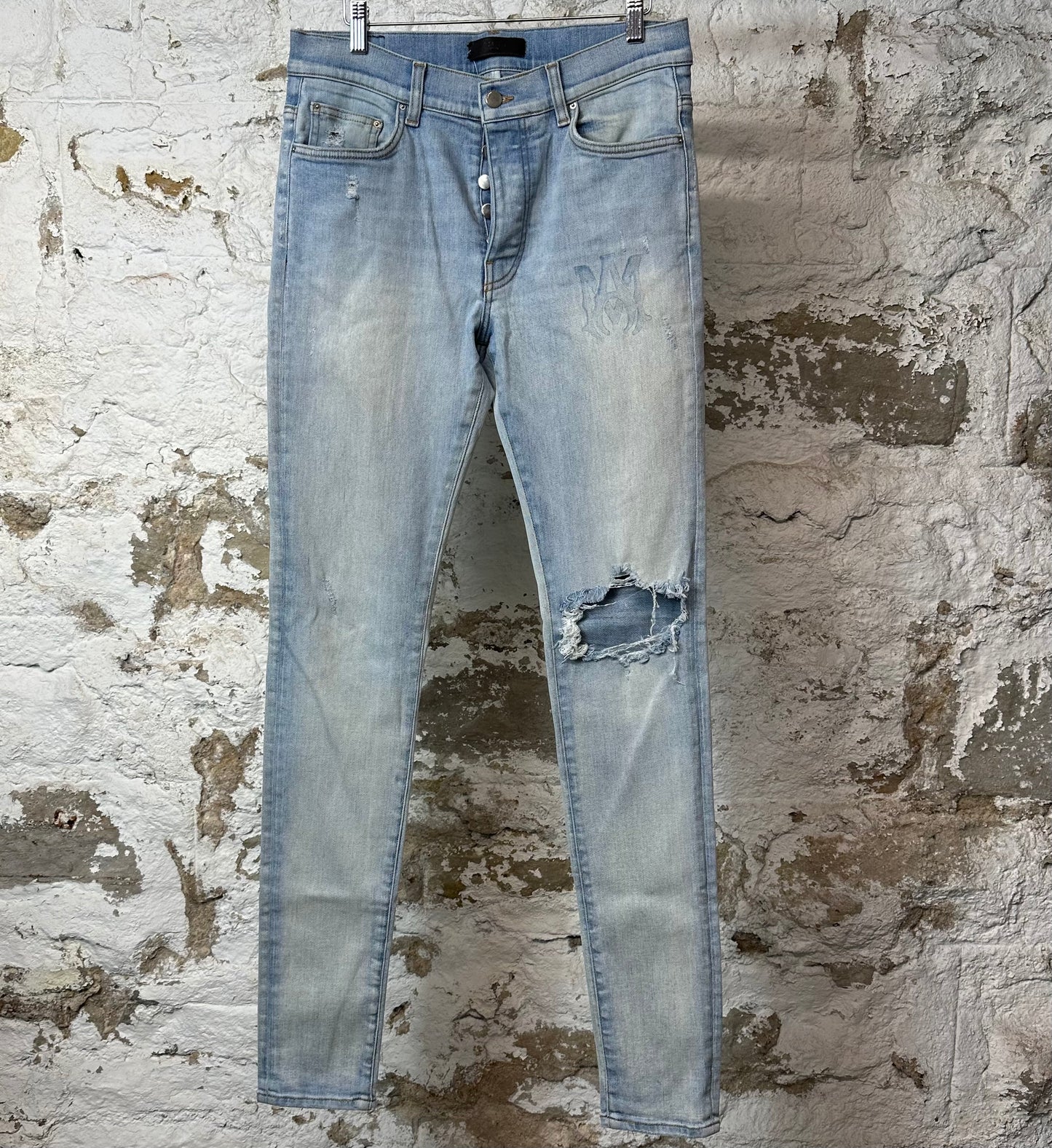 Amiri Knee Hole Blue AM Logo Blue Denim Jeans Sz 32