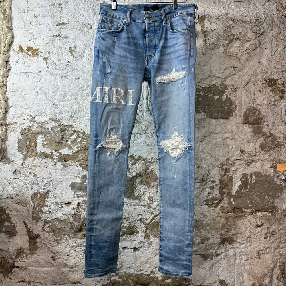Amiri MX1 Cream Woven Core Logo Blue Denim Jeans Sz 30