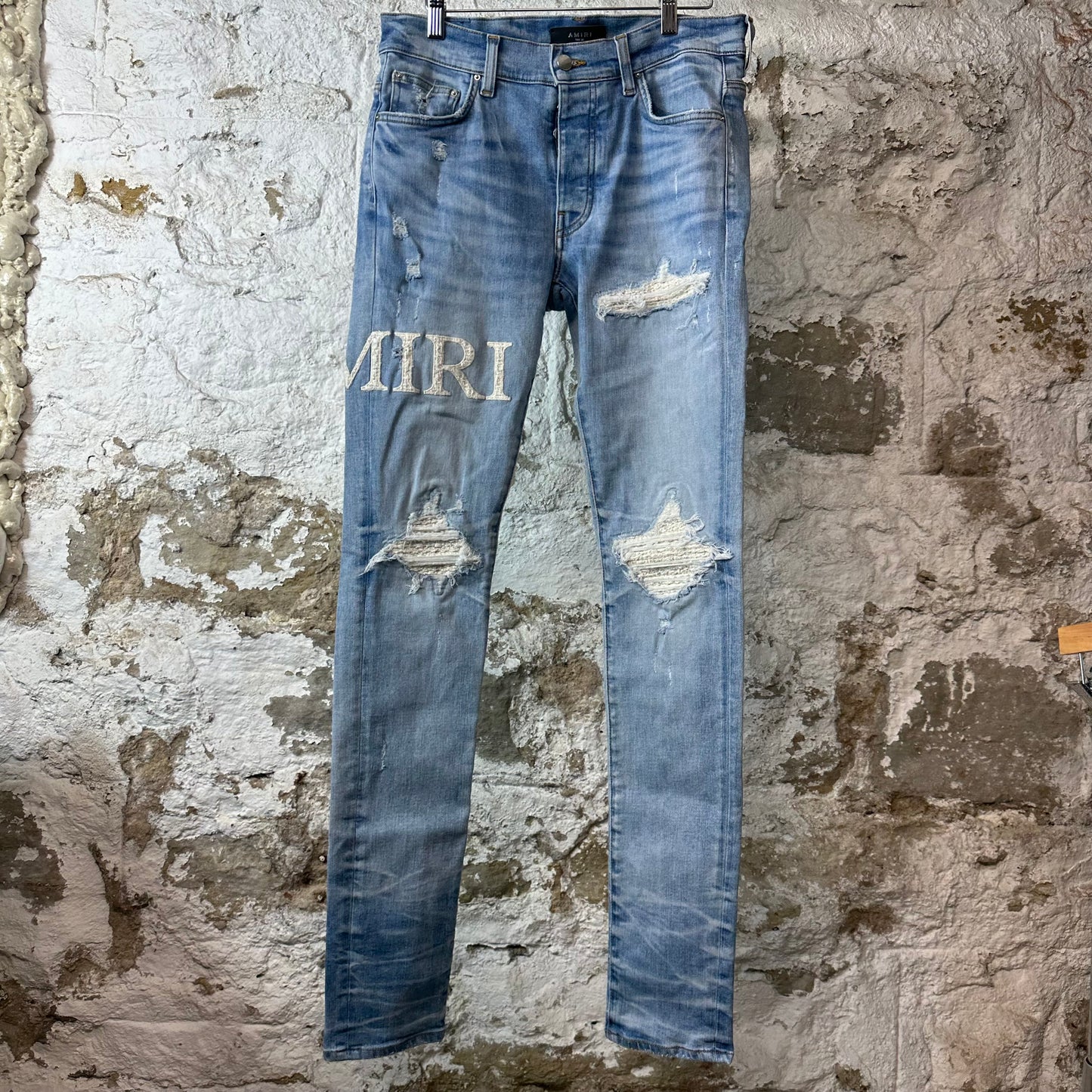 Amiri MX1 Cream Woven Core Logo Blue Denim Jeans Sz 30