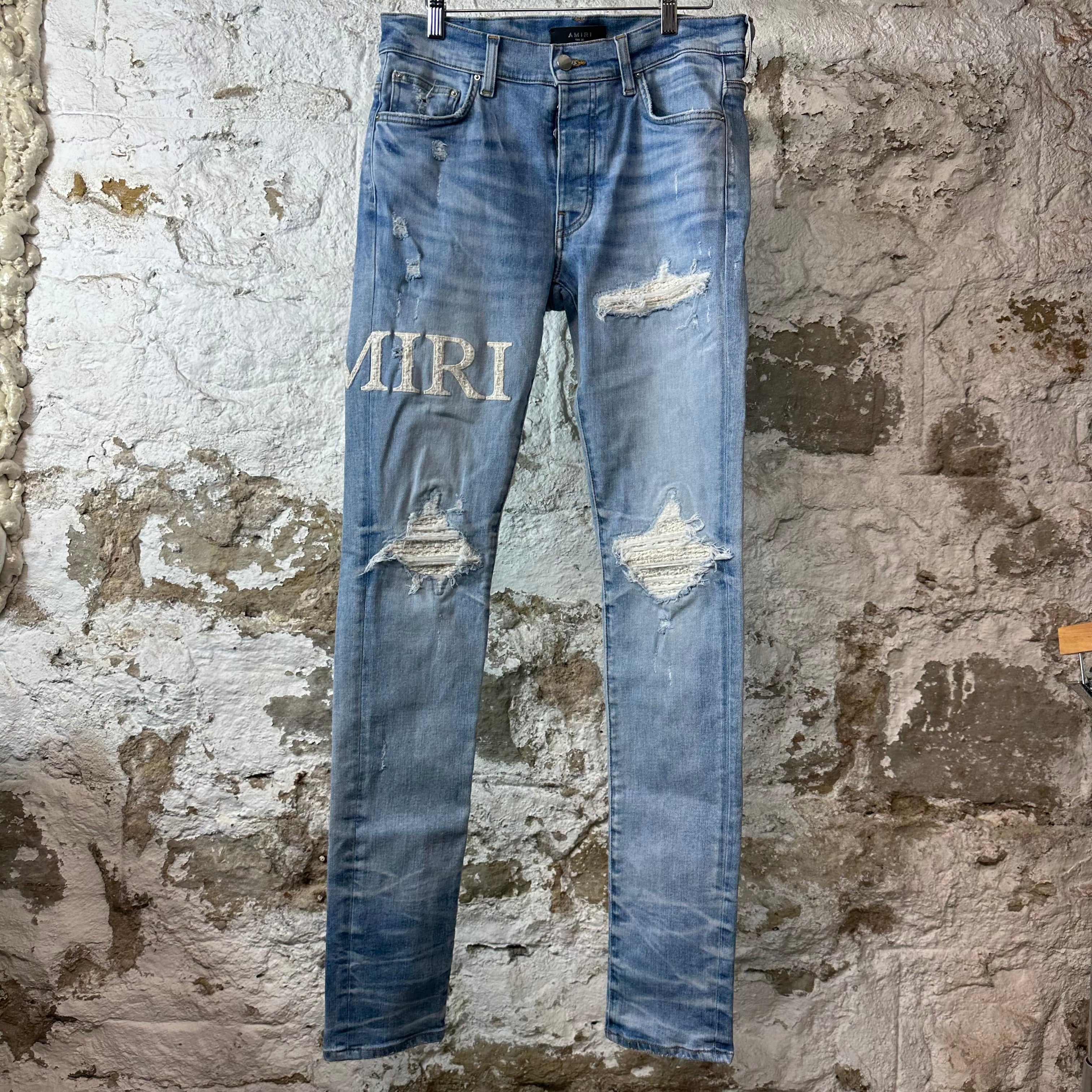 Amiri MX1 Cream Woven Core Logo Blue Denim Jeans Sz 30
