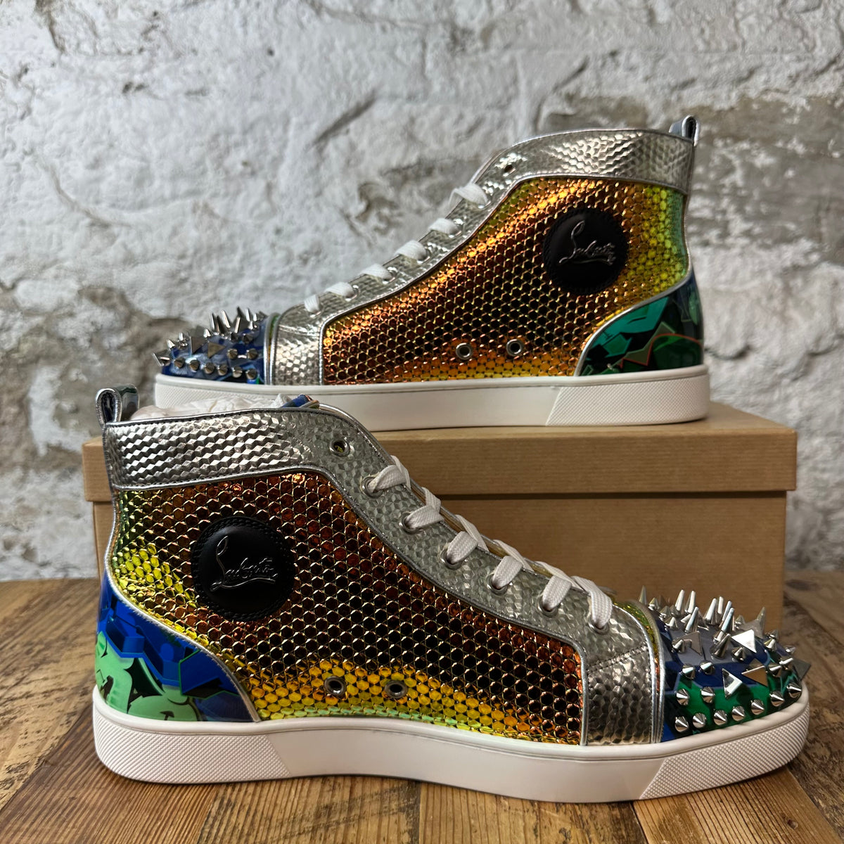 Christian Louboutin High Multicolor Holographic Spike Sneaker Sz 14 (47)